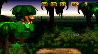 A screenshot from the 1994 SNES game Donkey Kong Country.