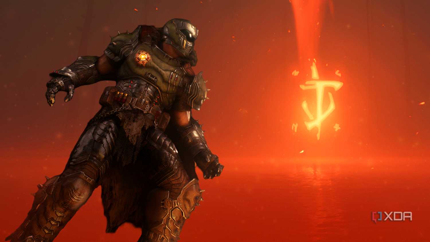 The Doom Slayer walking towards the Mark of the Beast, glowing.