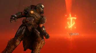 The Doom Slayer walking towards the Mark of the Beast, glowing.