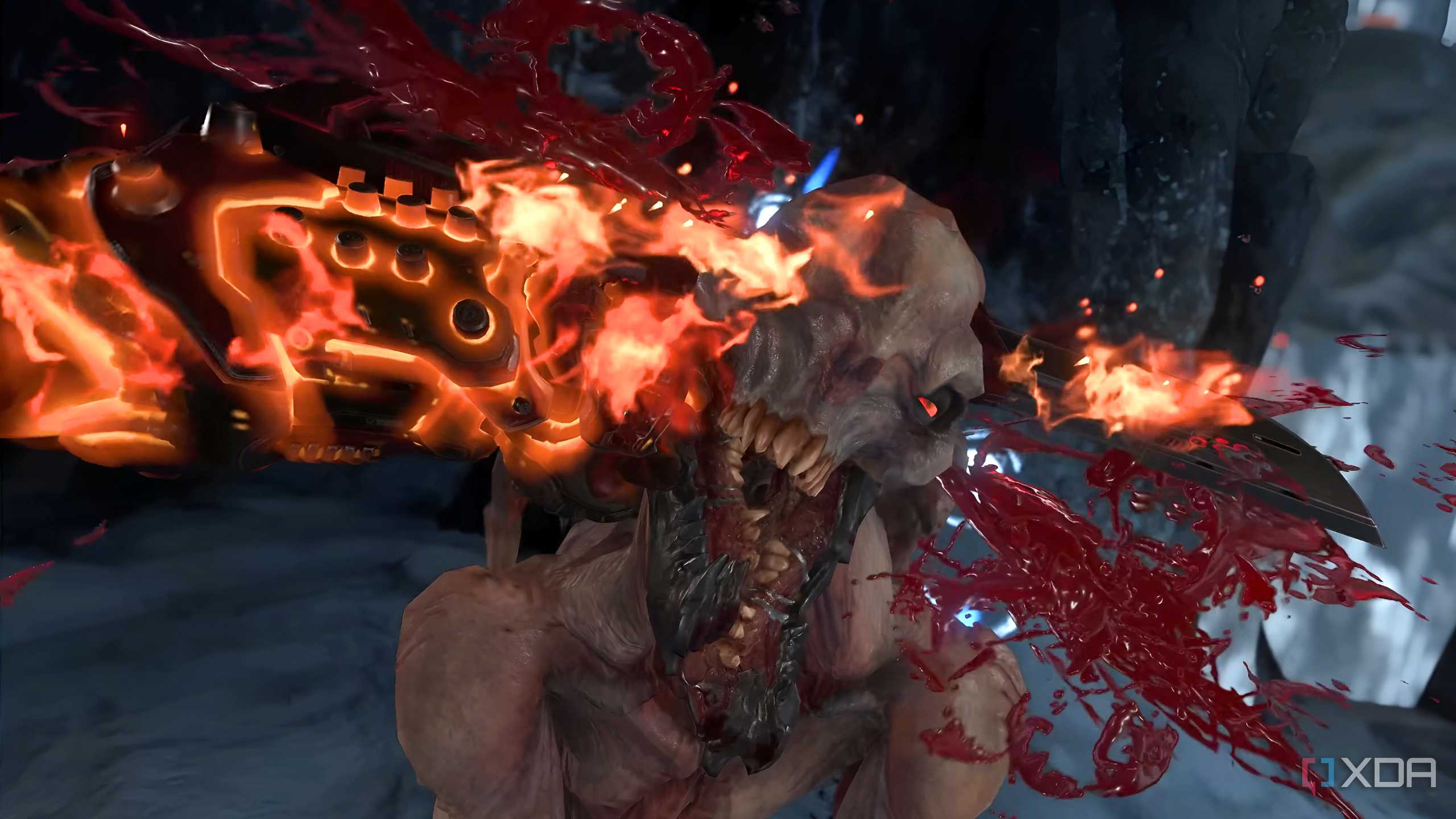 Glory kill on a gargoyle in Doom Eternal.