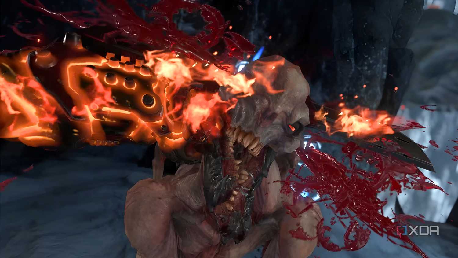 Glory kill on a gargoyle in Doom Eternal.