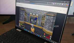 Shows playing Doom via Proton Drive on laptop