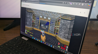 Shows playing Doom via Proton Drive on laptop