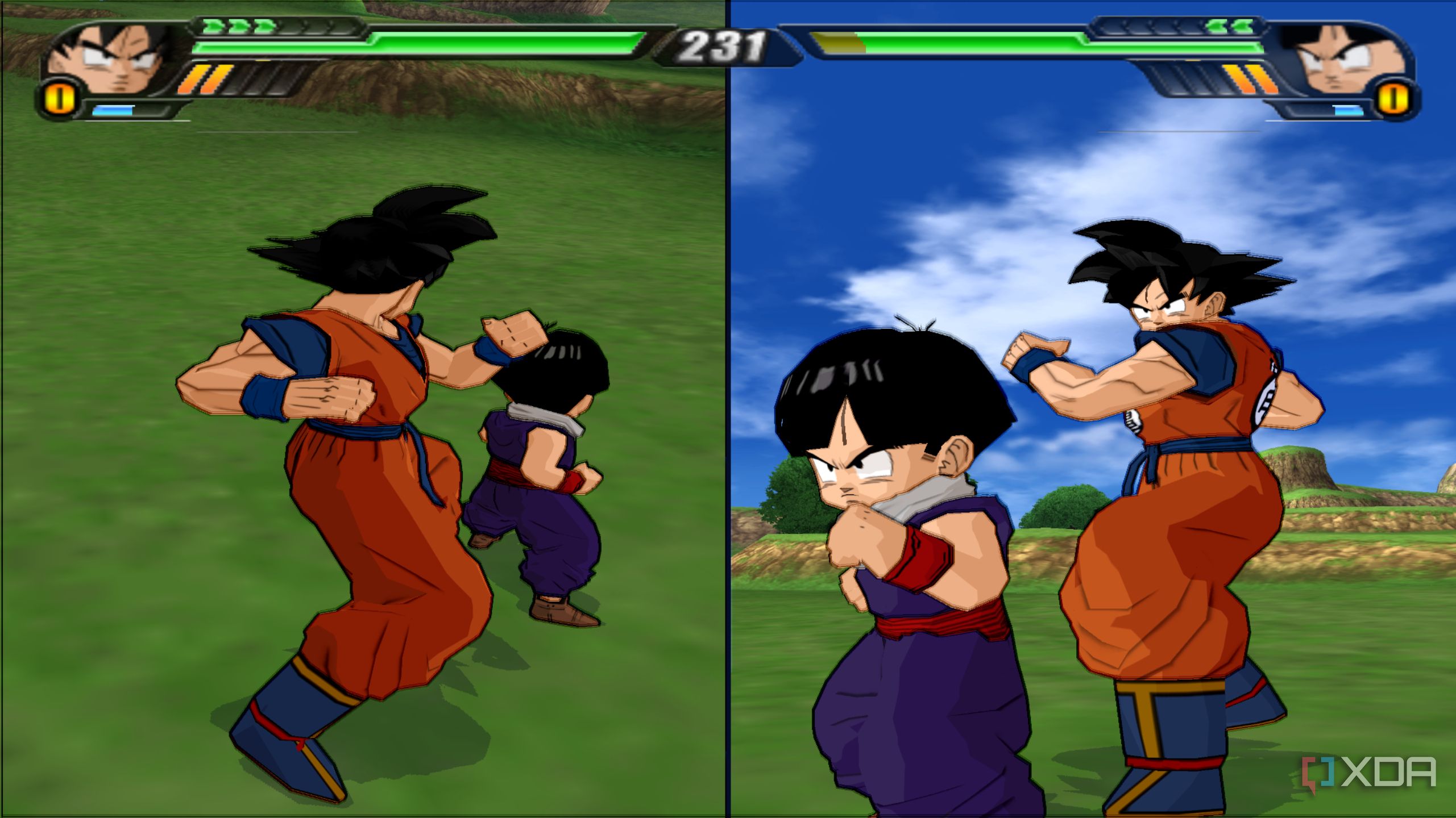 A split screen screenshot from Dragon Ball Z: Budokai Tenkaichi 3.