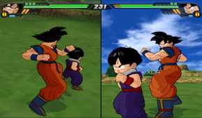 A split screen screenshot from Dragon Ball Z: Budokai Tenkaichi 3.