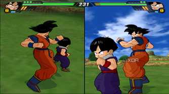 A split screen screenshot from Dragon Ball Z: Budokai Tenkaichi 3.