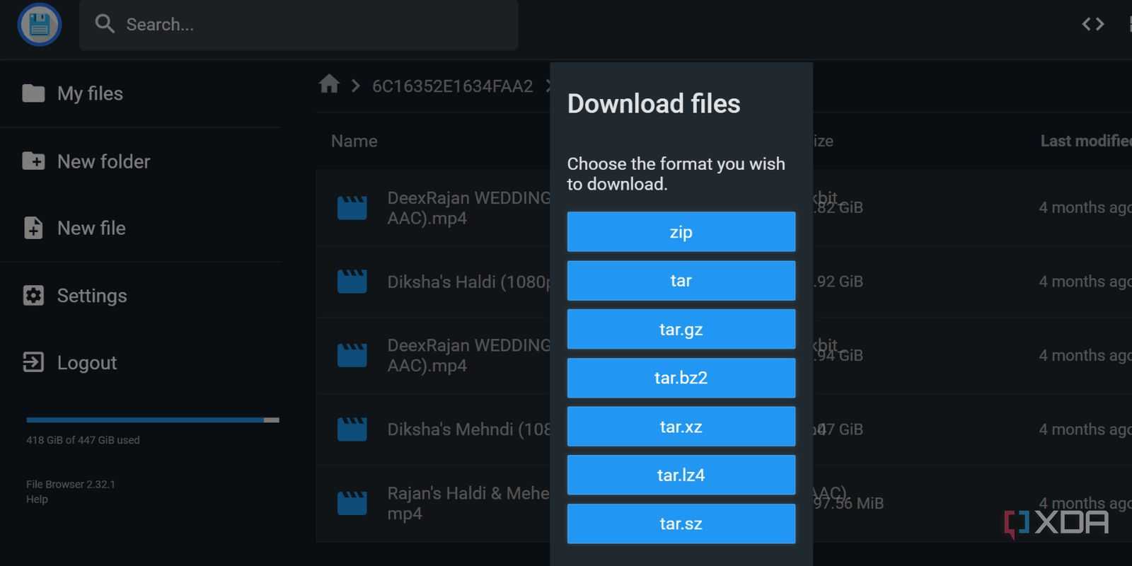 screenshot of filebrowser webui downloadpage