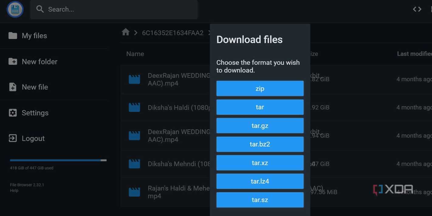 screenshot of filebrowser webui downloadpage