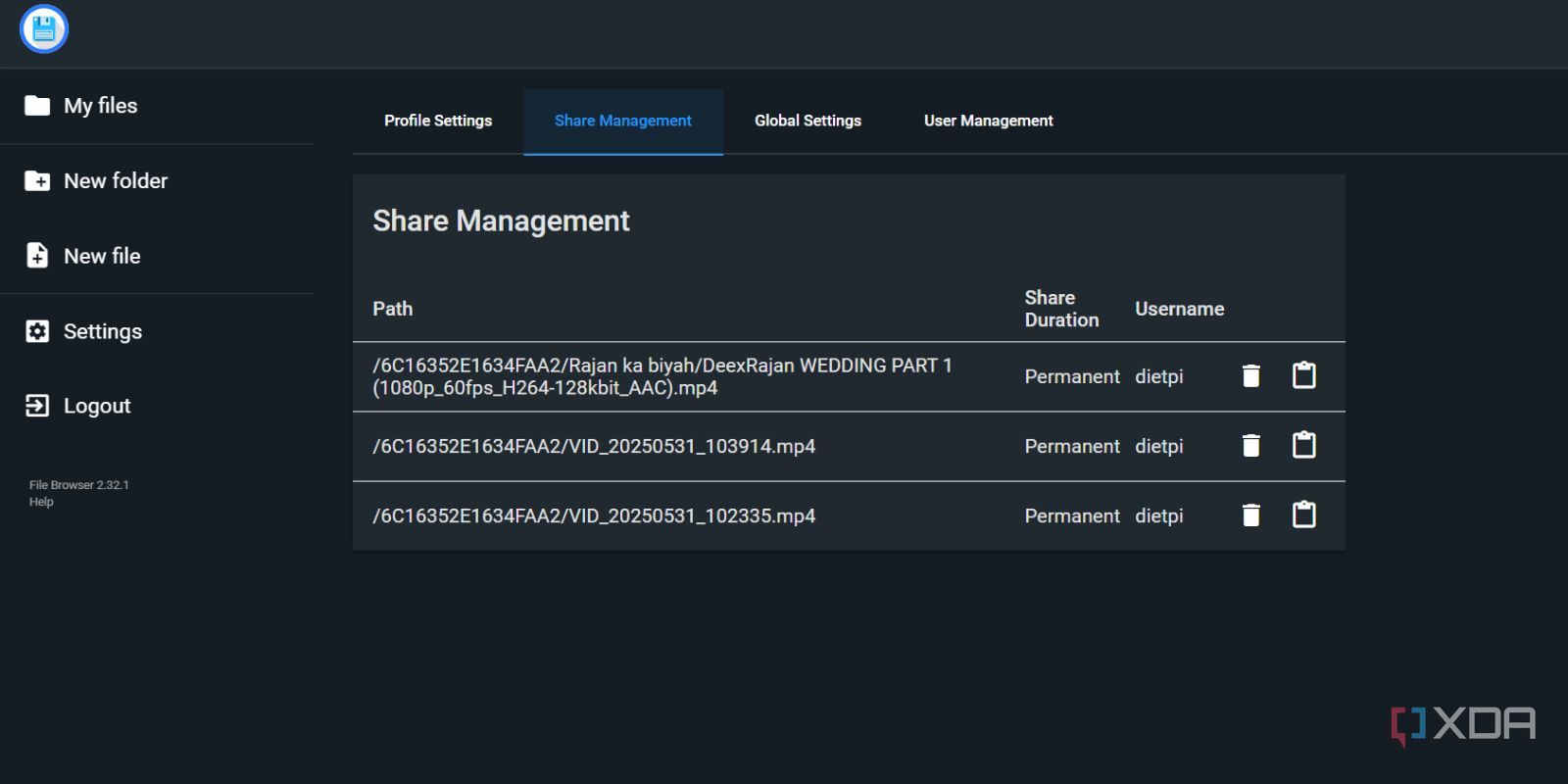 screenshot of filebrowser webui filesharing dashboard