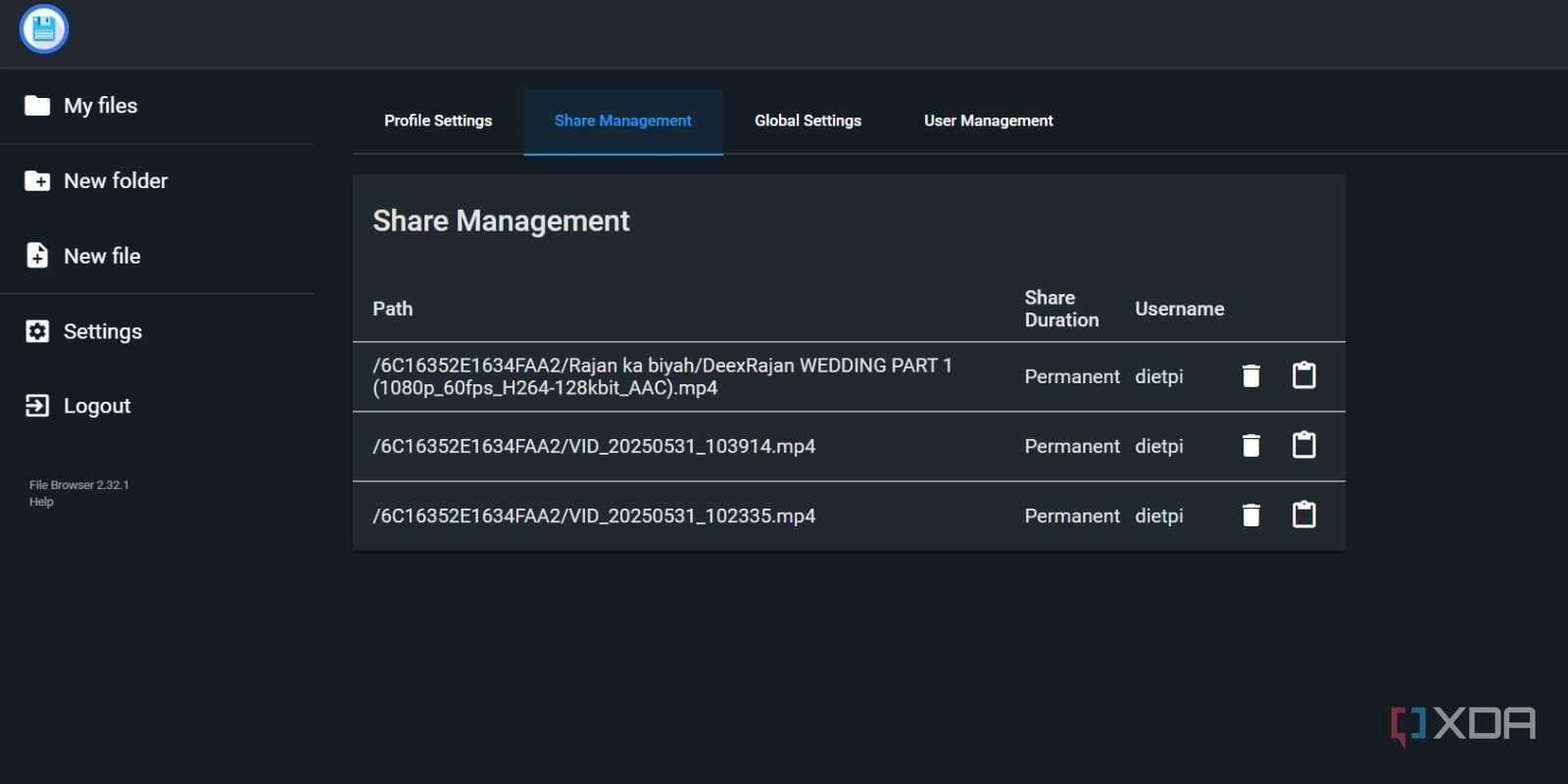 screenshot of filebrowser webui filesharing dashboard