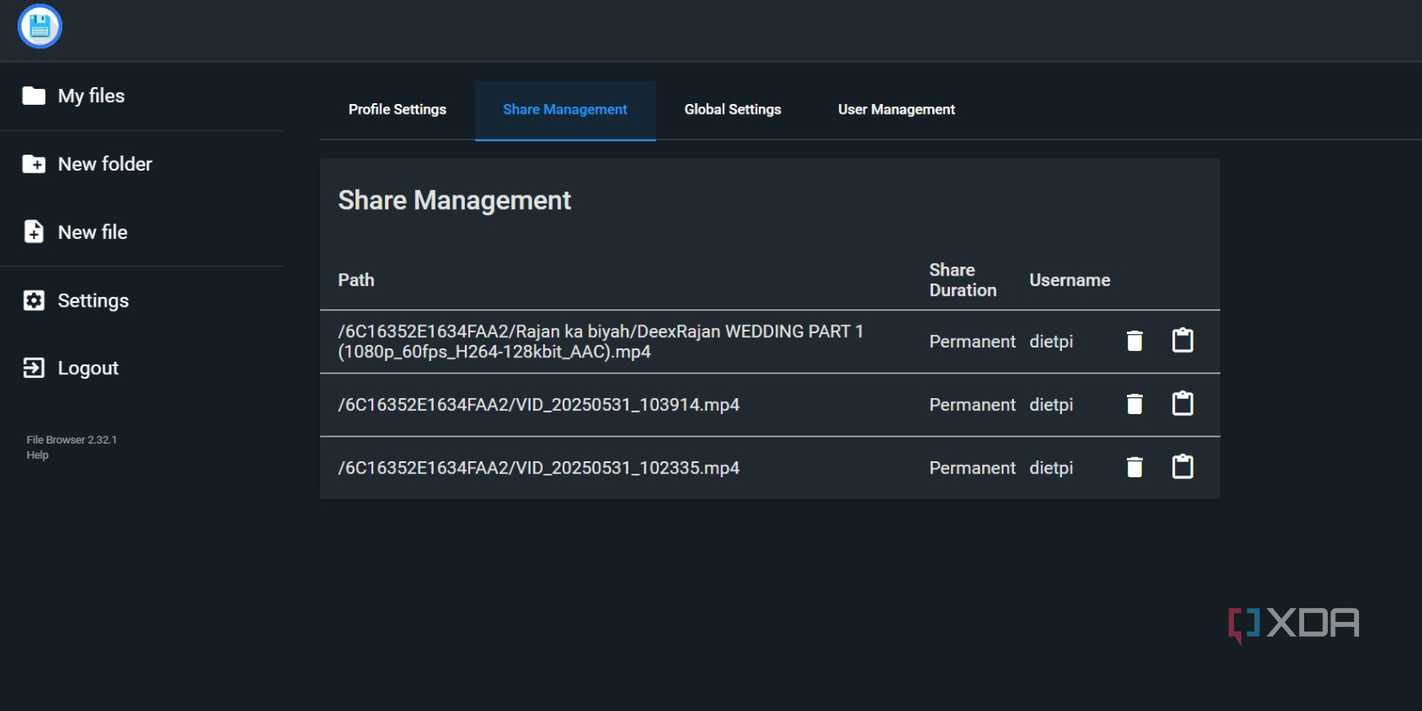 screenshot of filebrowser webui filesharing dashboard