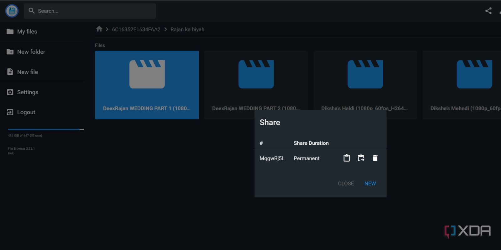 screenshot of filebrowser webui filesharing