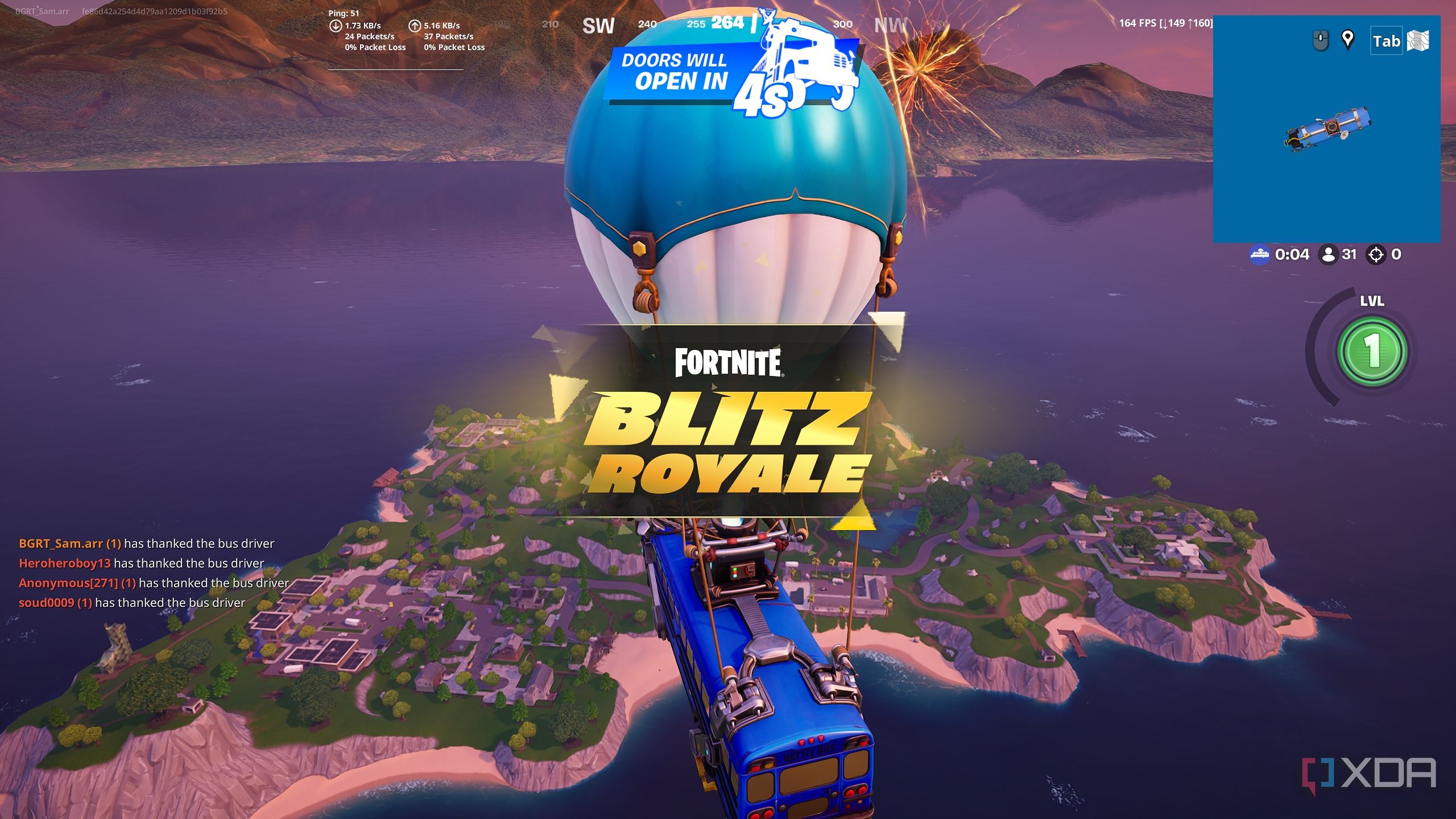 The battle bus in the Blitz Royale mode in Fortnite.