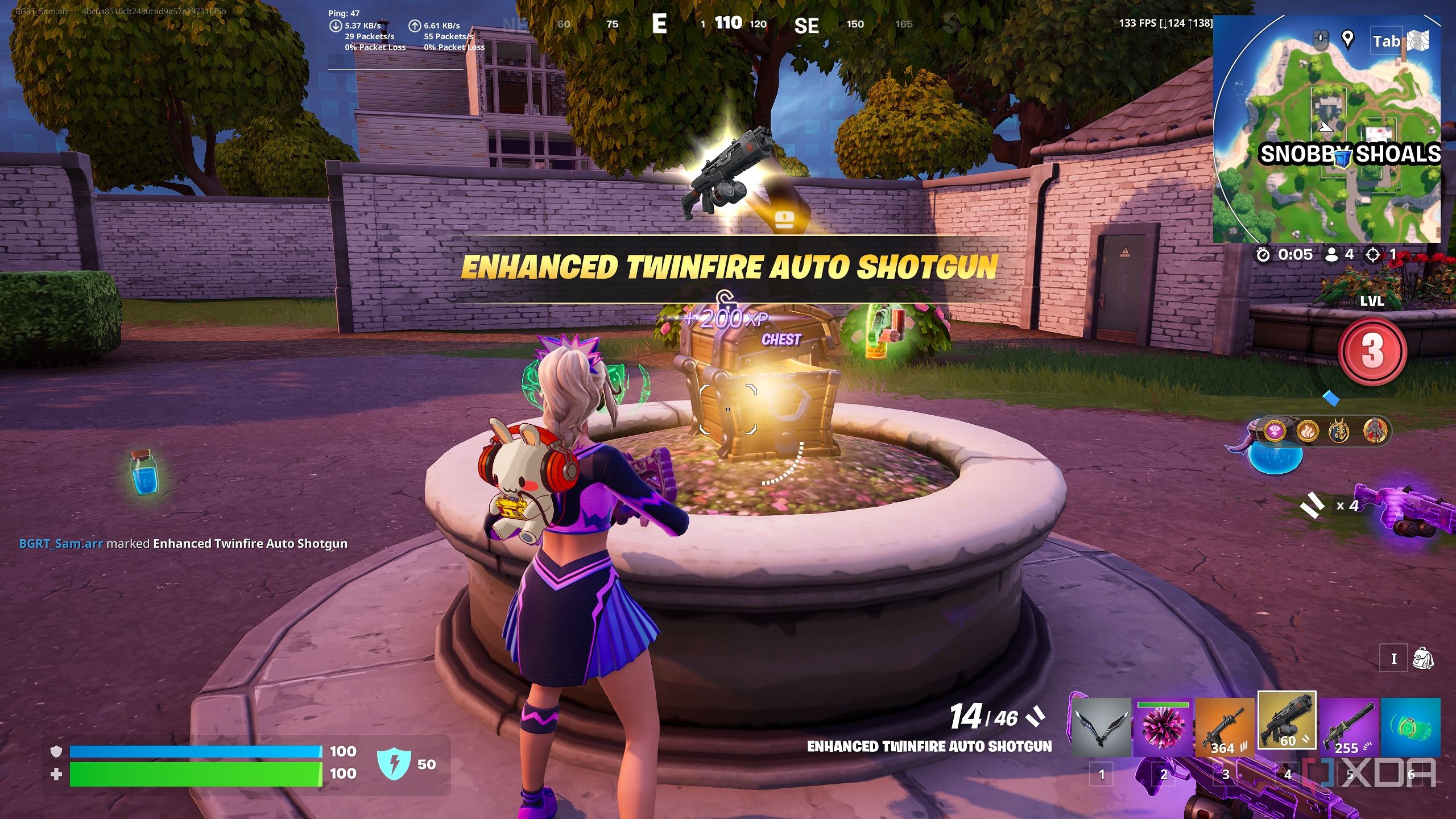 A mythic twinfire auto shotgun spawning in the player inventory in the Blitz Royale mode in Fortnite.