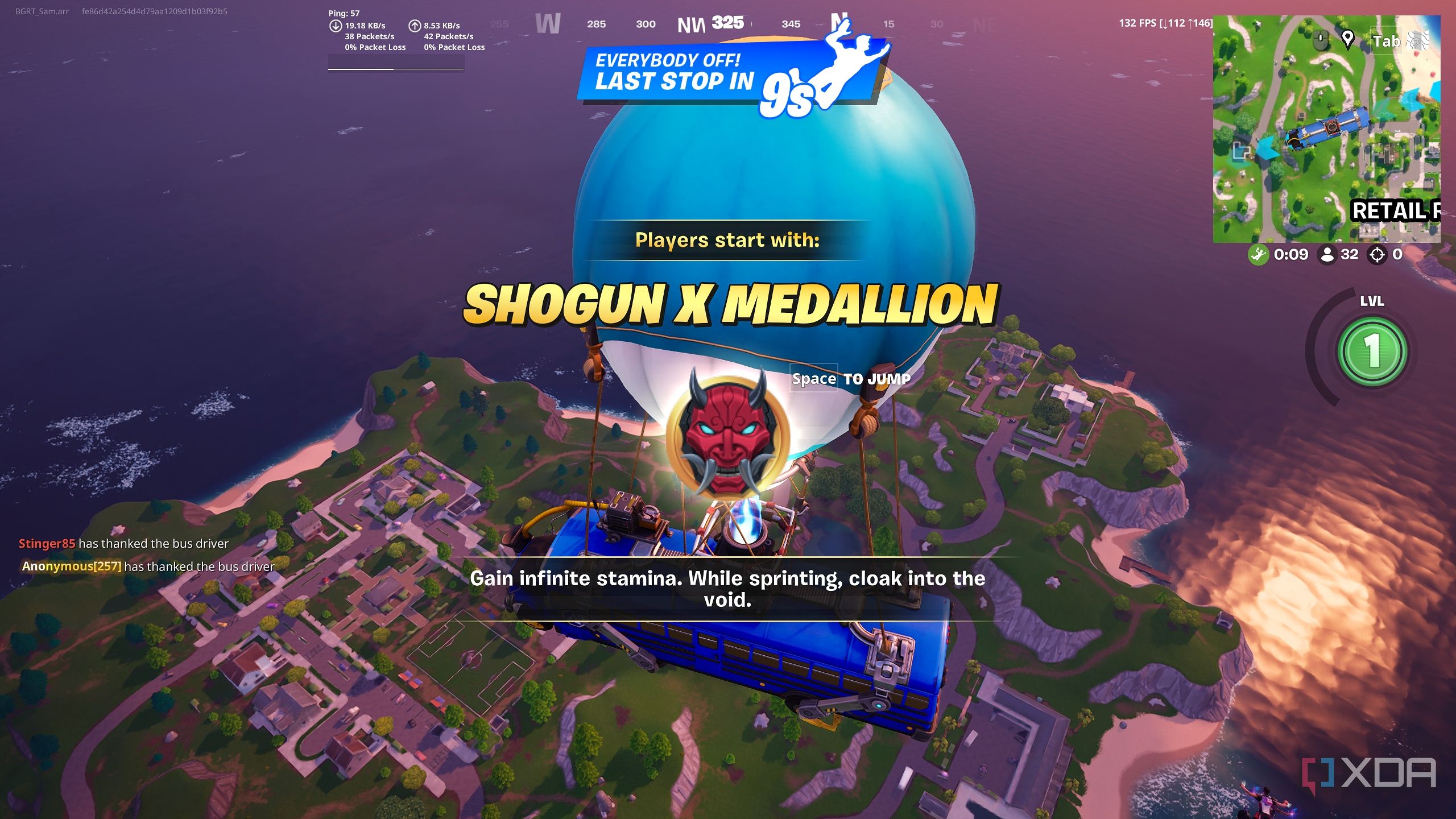 A Shogun medallion spawning for the lobby in the Blitz Royale mode in Fortnite.