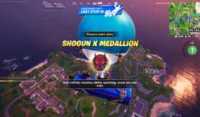A Shogun medallion spawning for the lobby in the Blitz Royale mode in Fortnite.