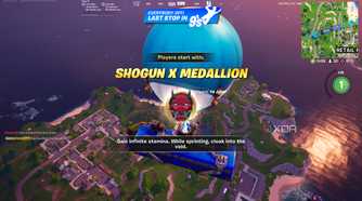 A Shogun medallion spawning for the lobby in the Blitz Royale mode in Fortnite.