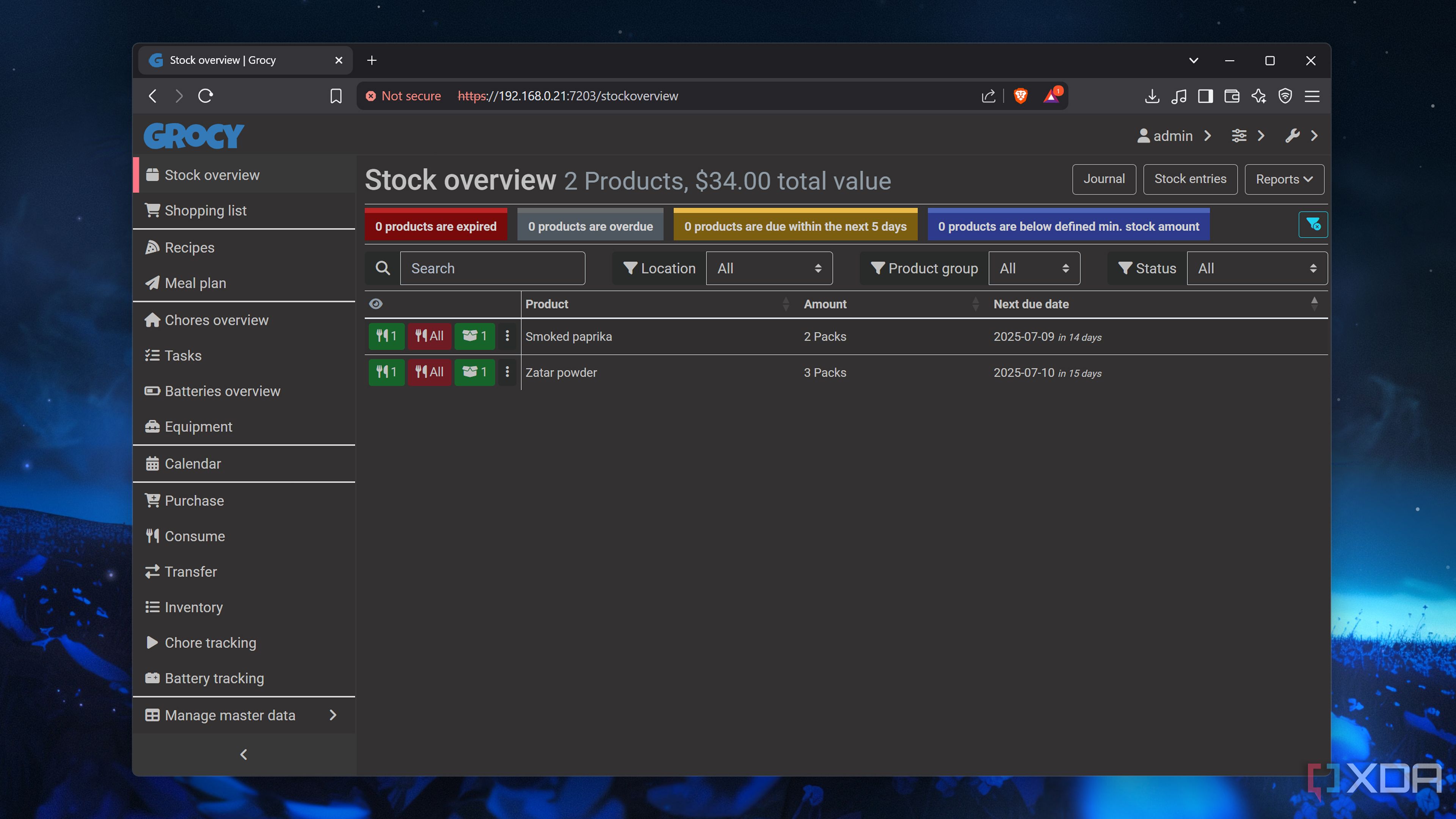 The Stock Overview tab in Grocy