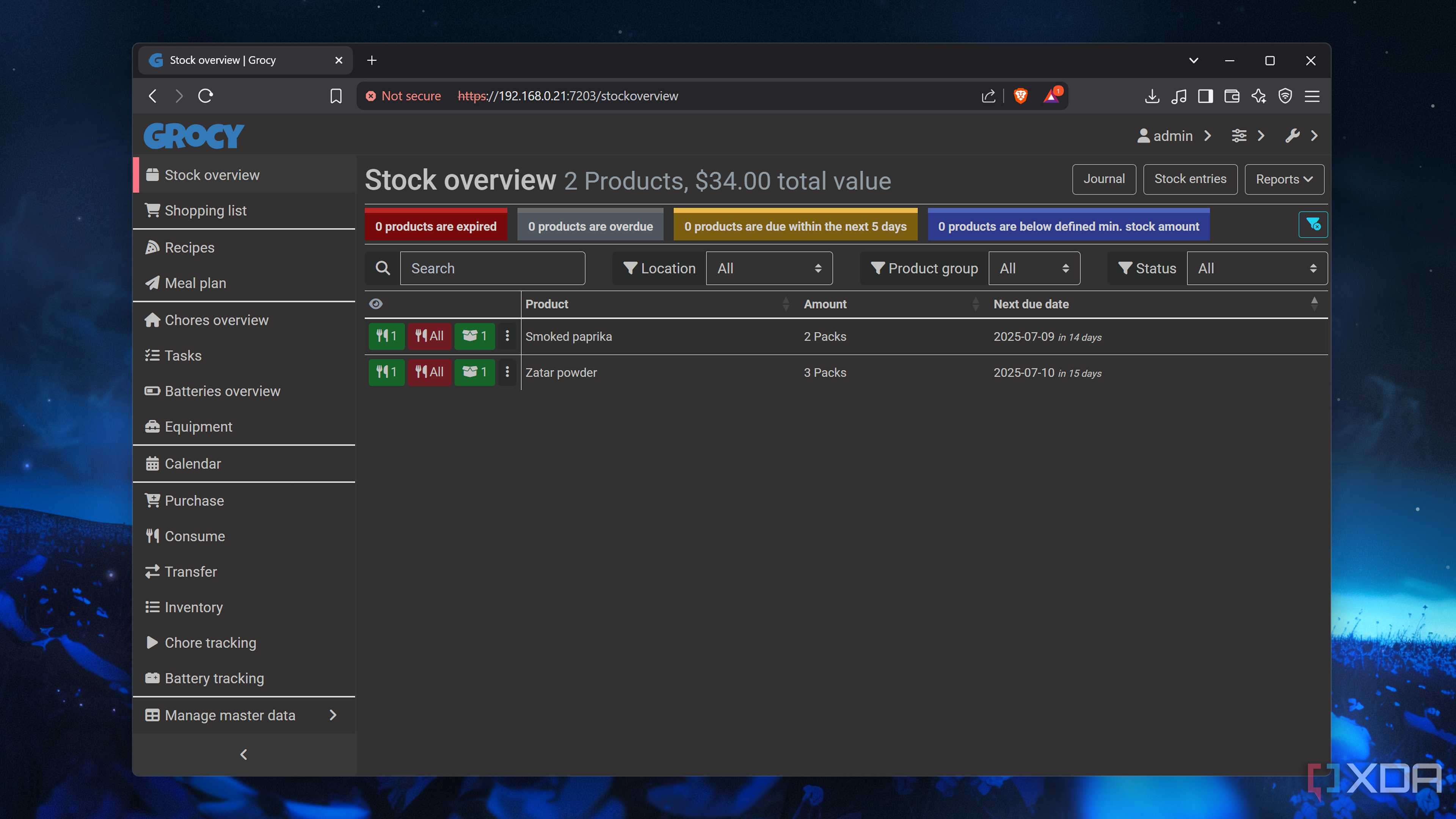 The Stock Overview tab in Grocy