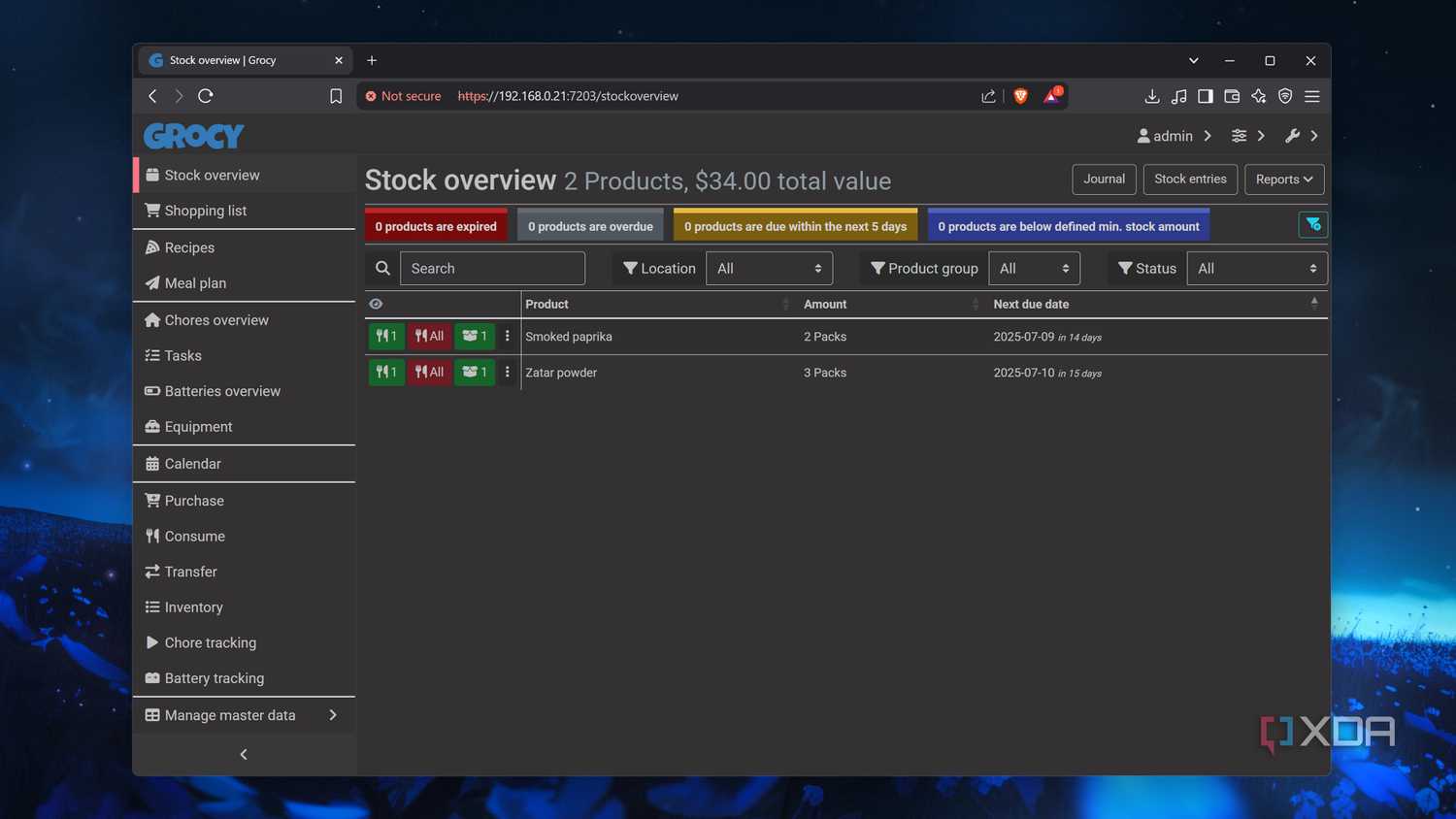 The Stock Overview tab in Grocy