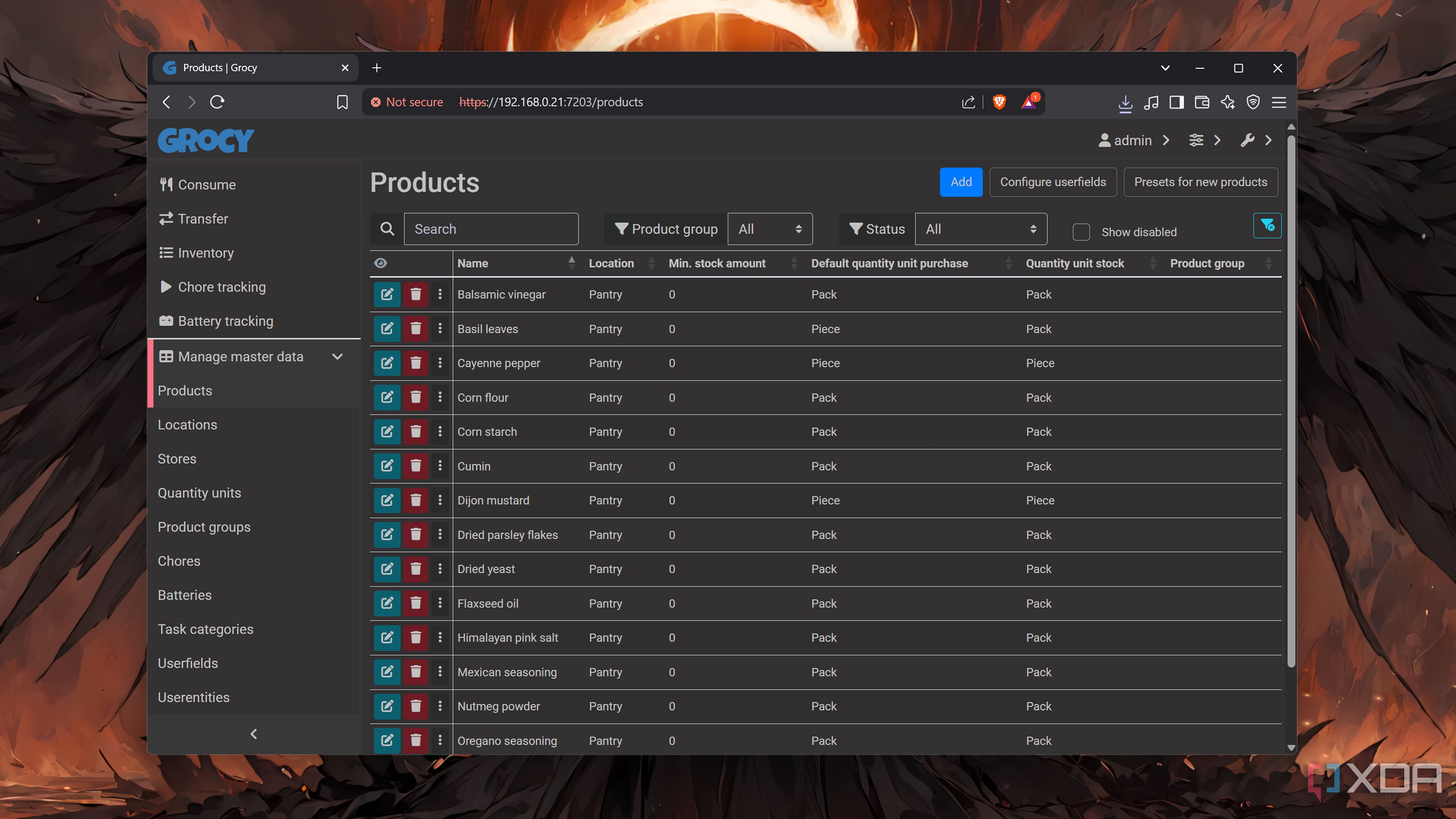 The Products tab in Grocy