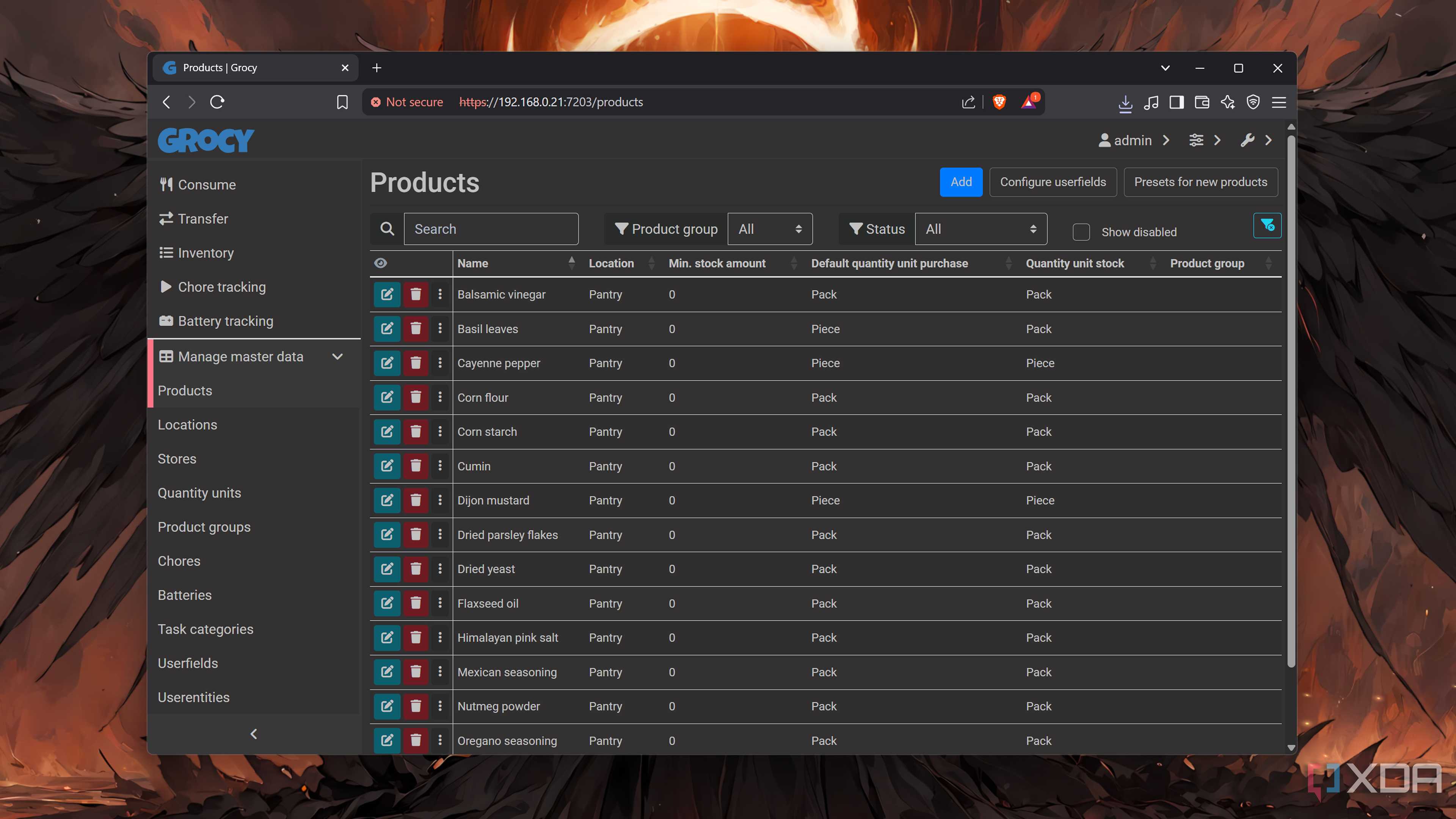 The Products tab in Grocy