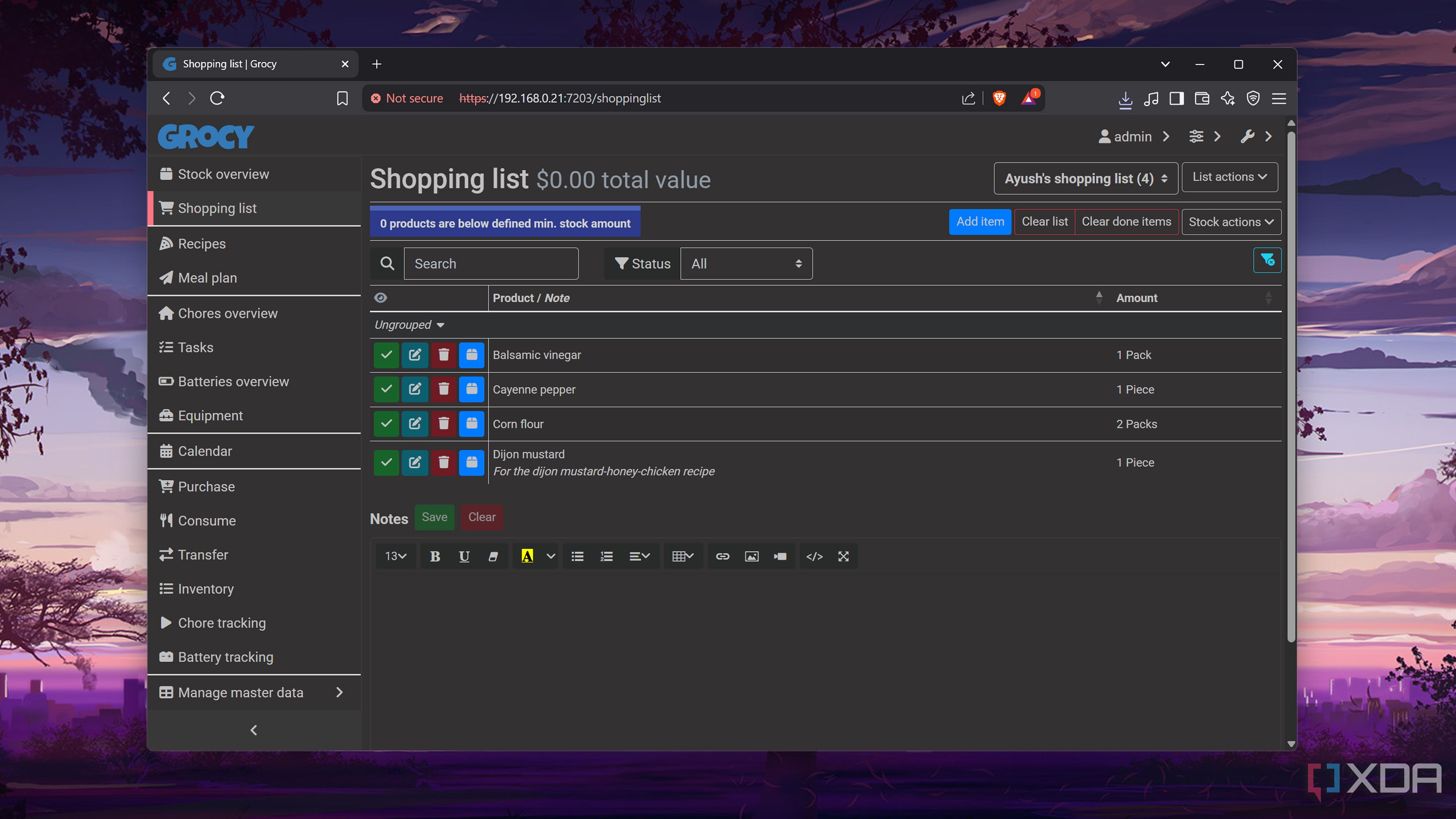 The Shopping List tab in Grocy
