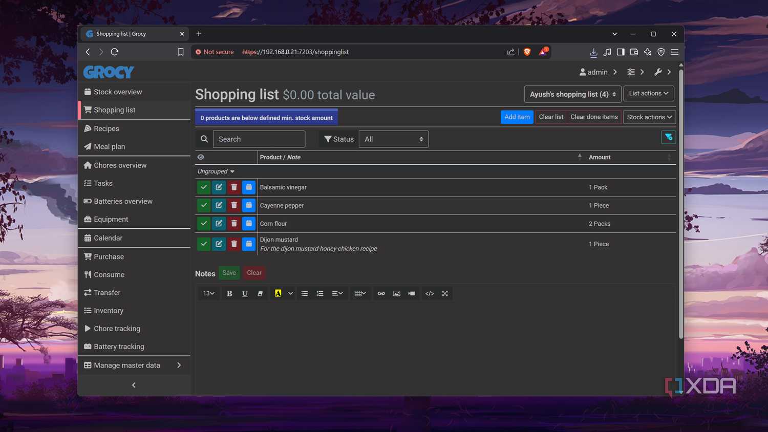 The Shopping List tab in Grocy