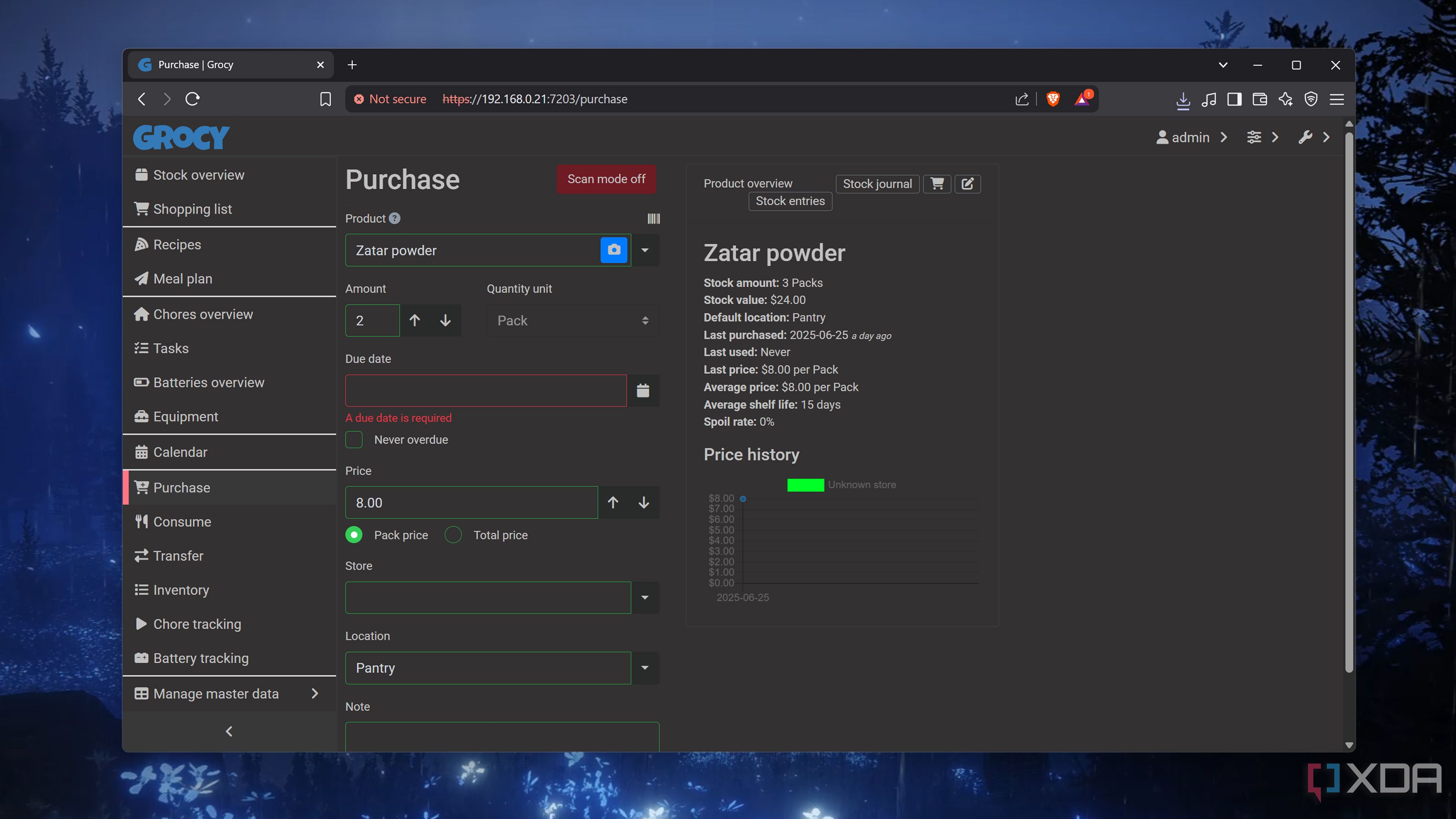 The Purchase tab in Grocy