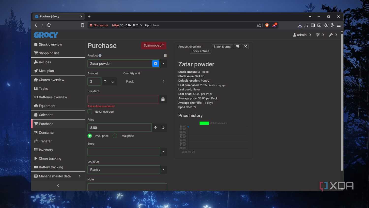 The Purchase tab in Grocy