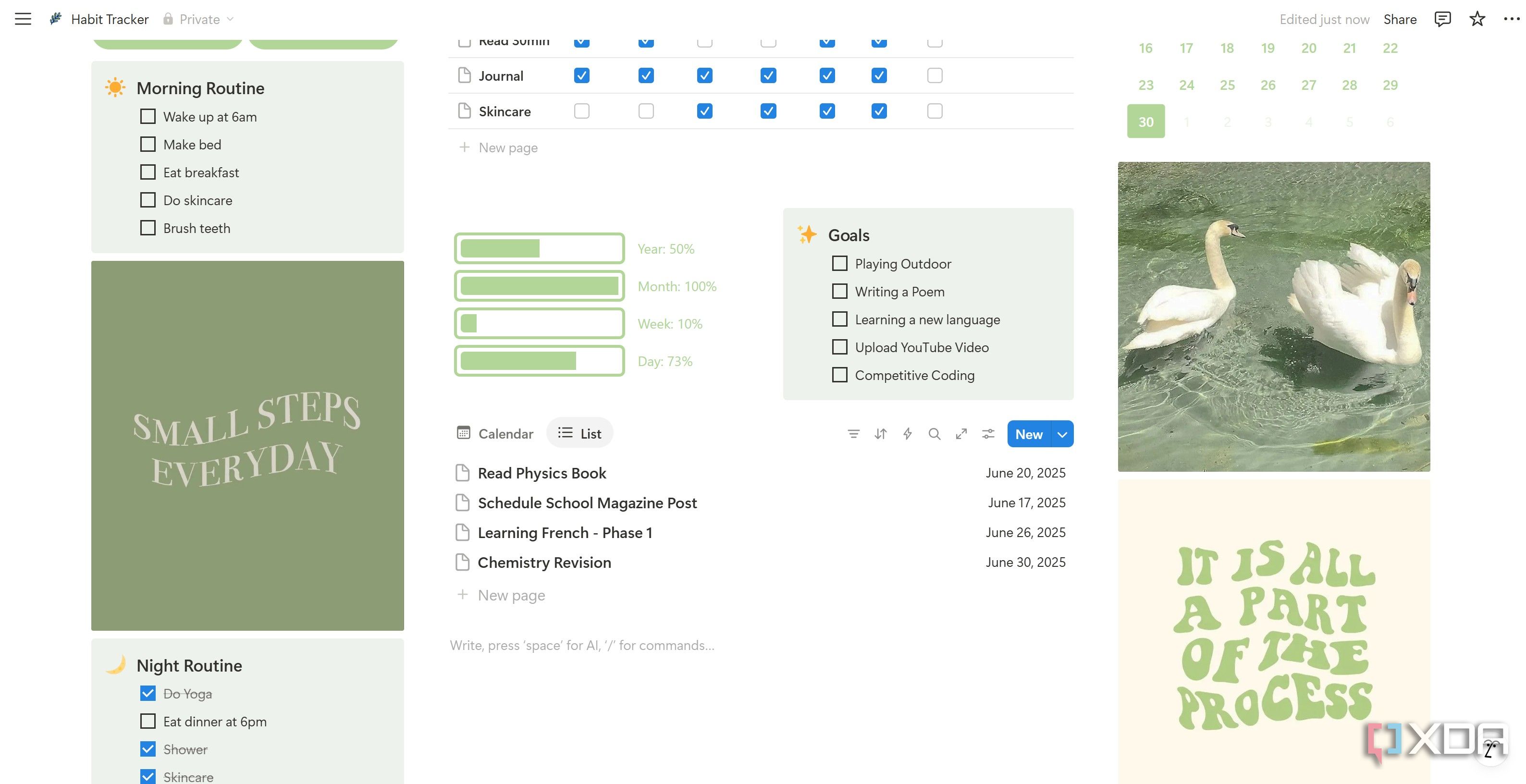 List view in Habit Tracker Notion template