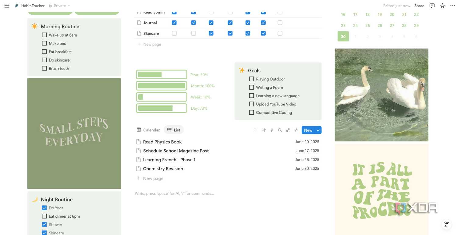 List view in Habit Tracker Notion template