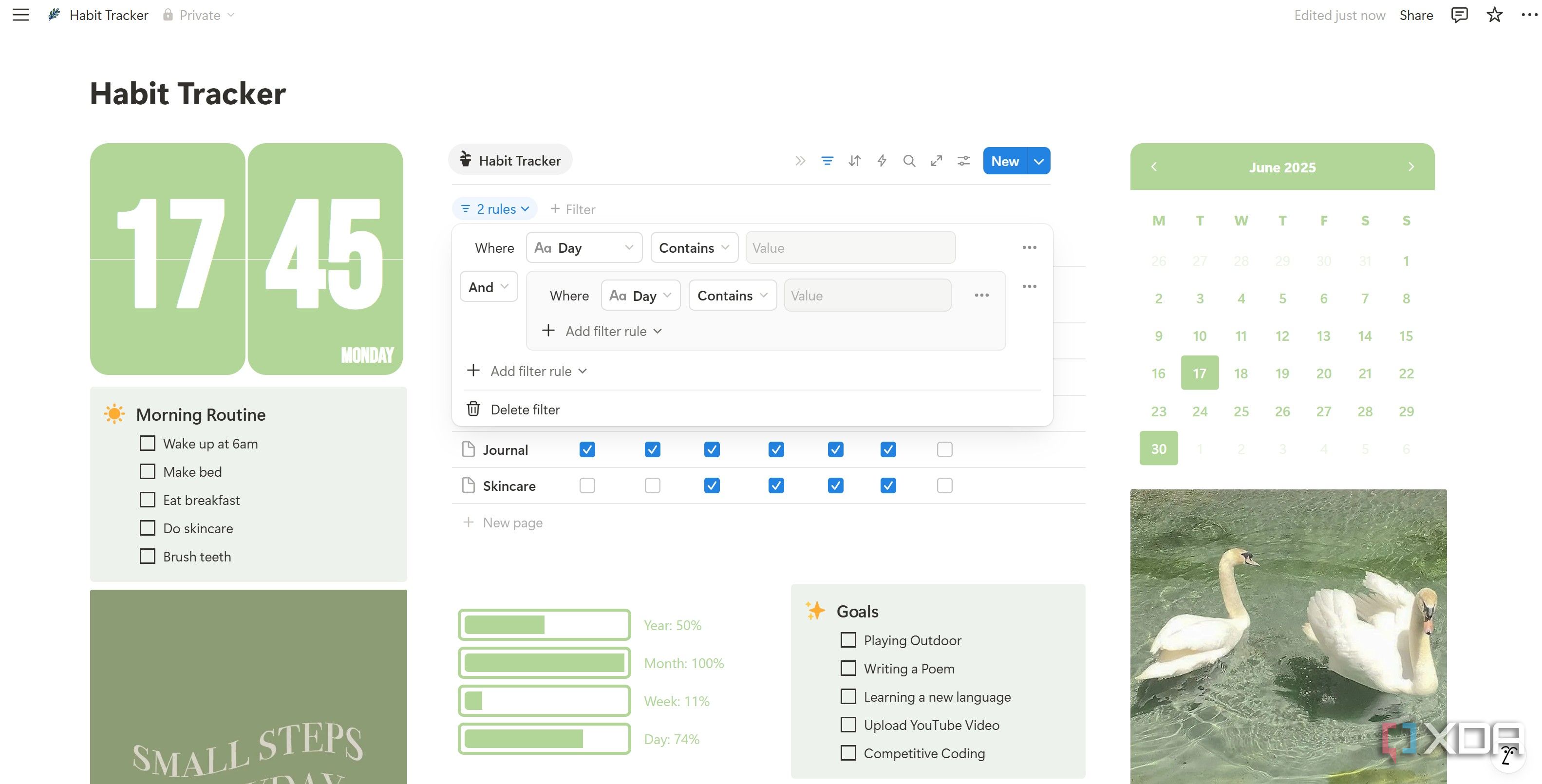 Search filter in Habit Tracker Notion template