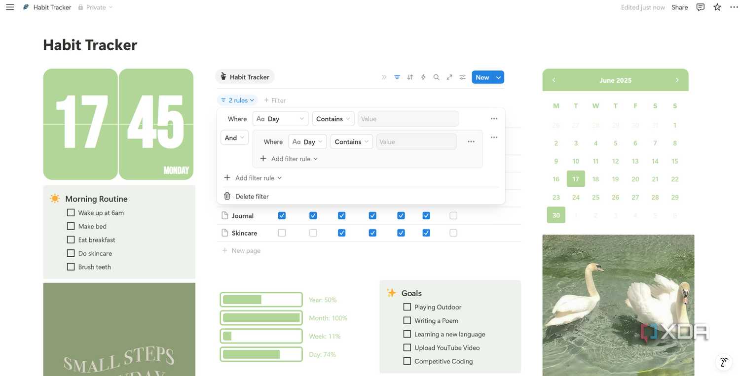 Search filter in Habit Tracker Notion template
