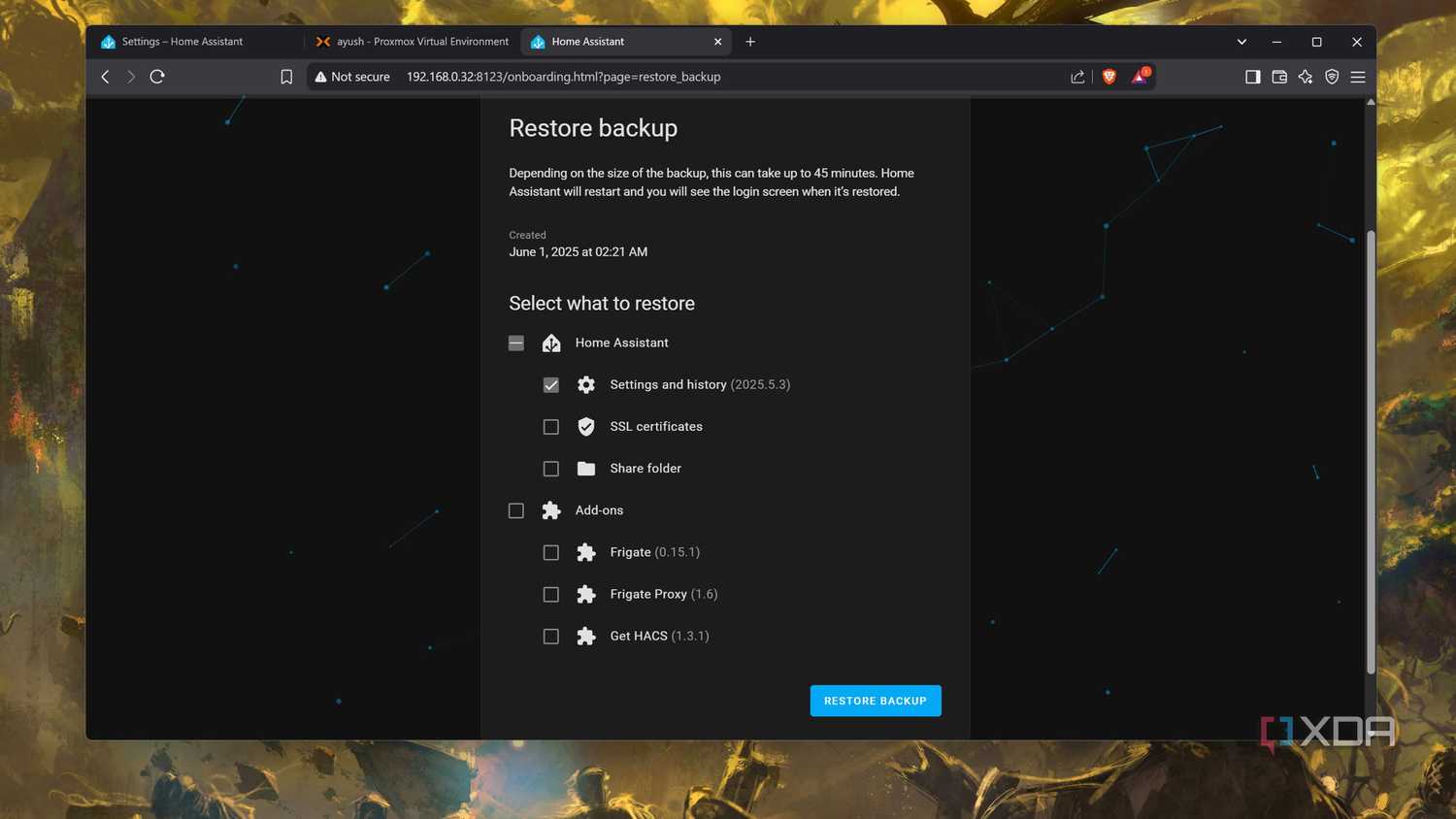 Restoring a backup in Home Assistant