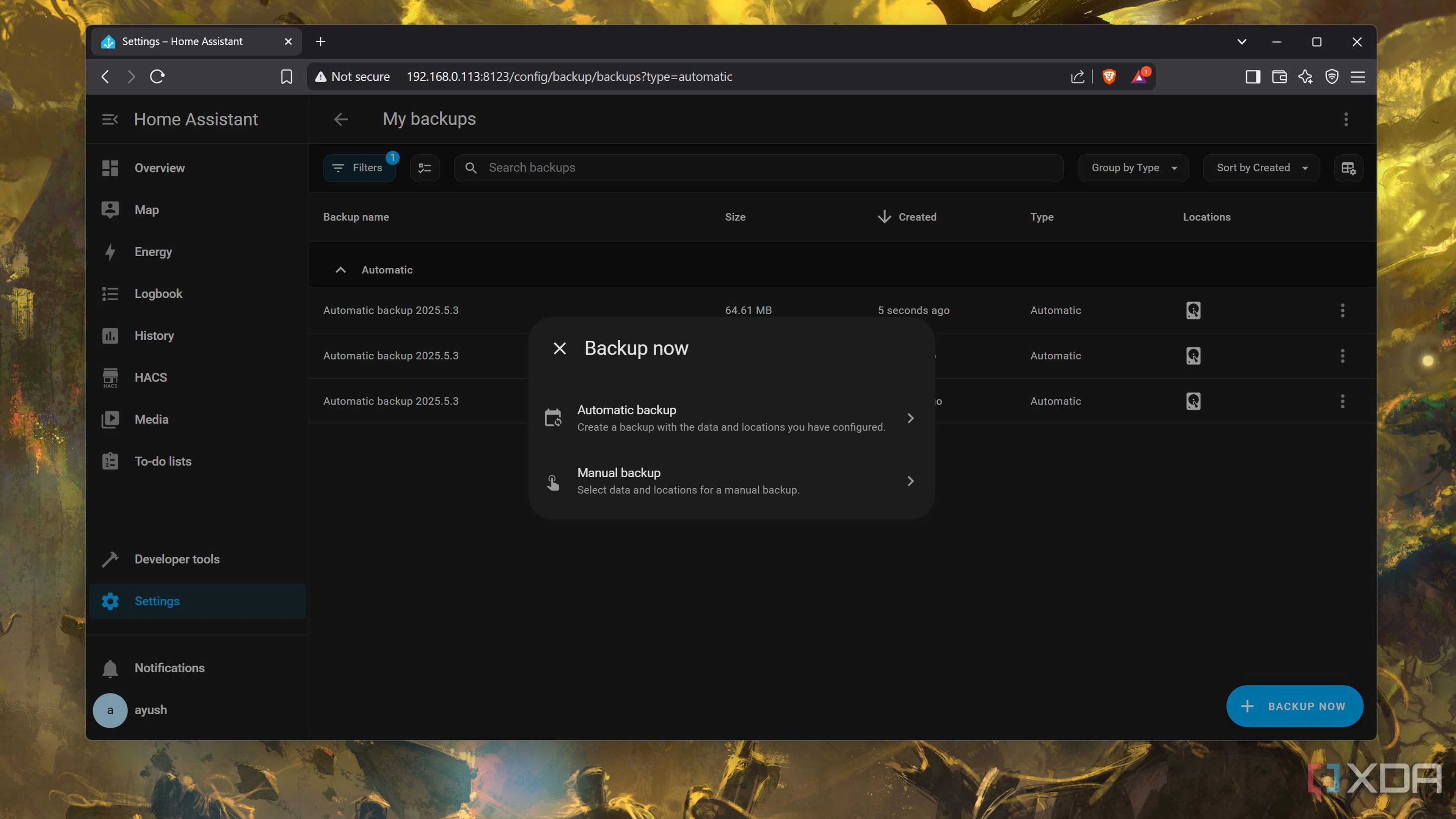 The Backup Now option in HASS