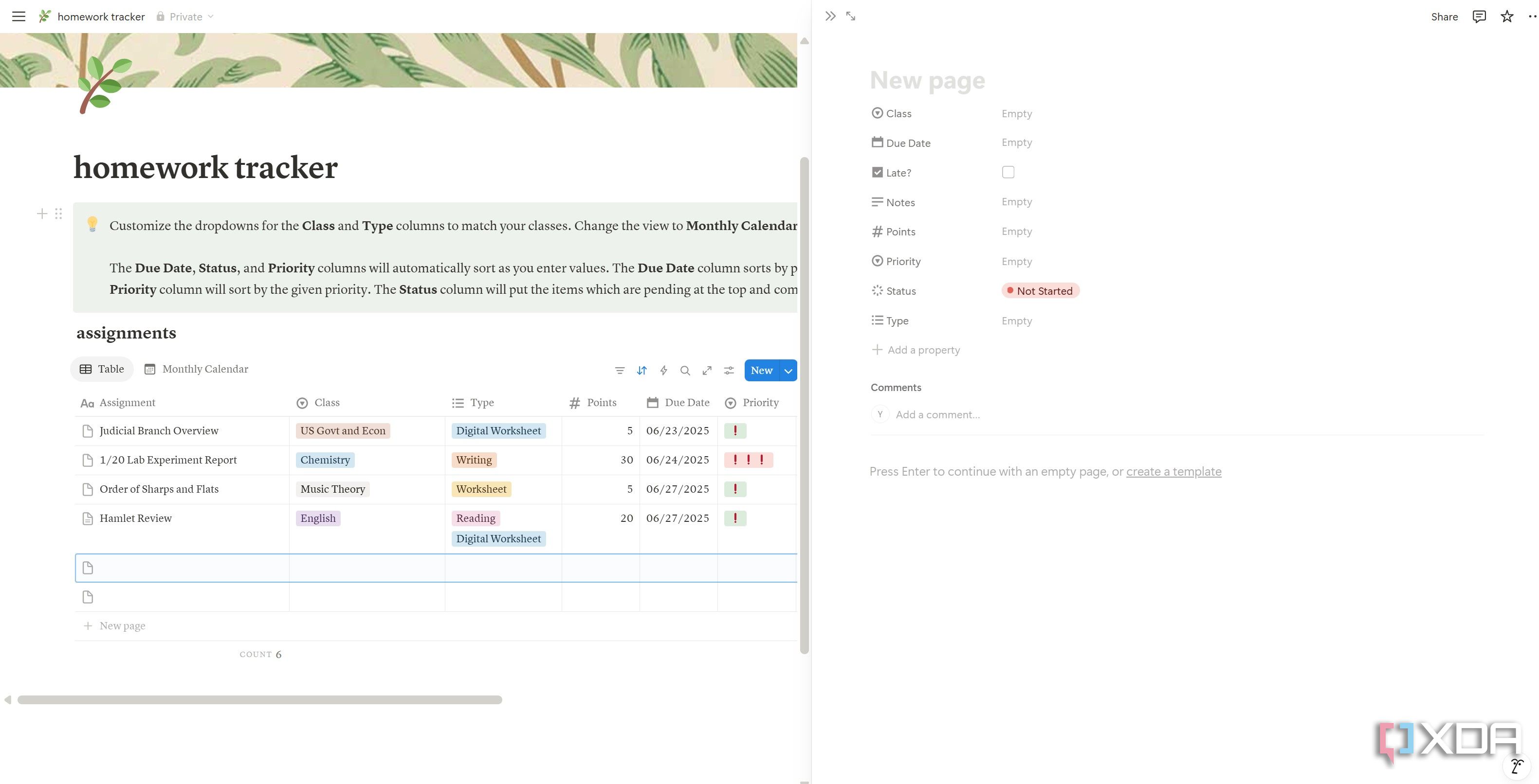 Add new notes in Homework Tracker Notion template
