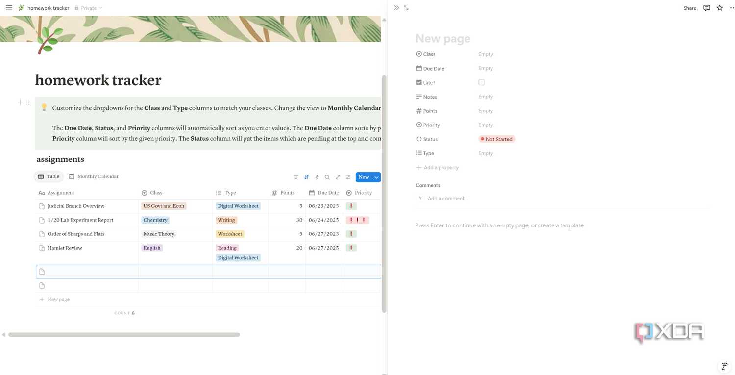 Add new notes in Homework Tracker Notion template