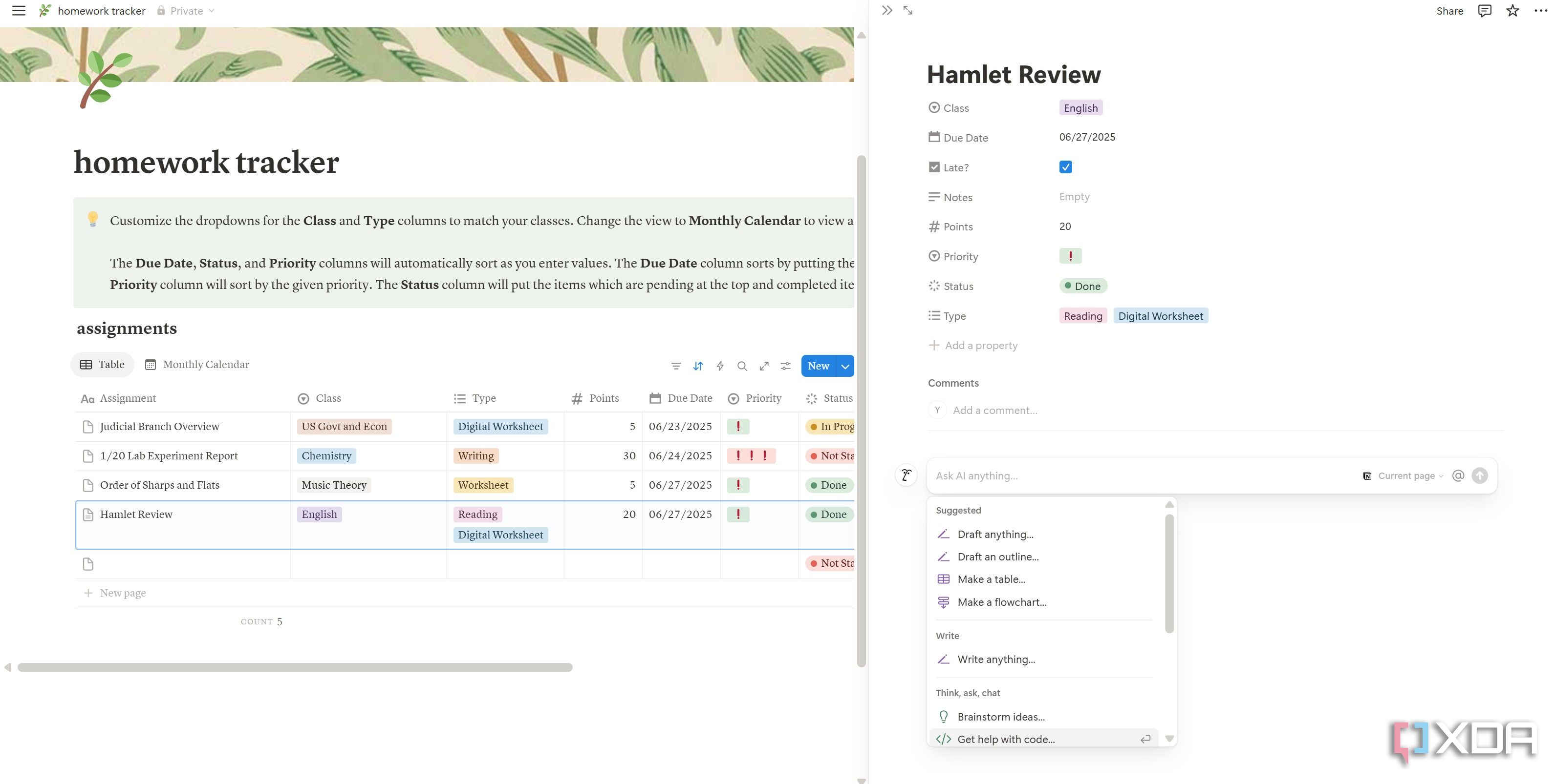 AI Notes on Homework Tracker Notion template