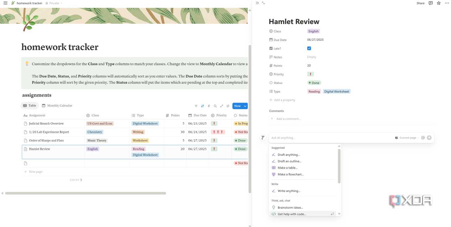 AI Notes on Homework Tracker Notion template