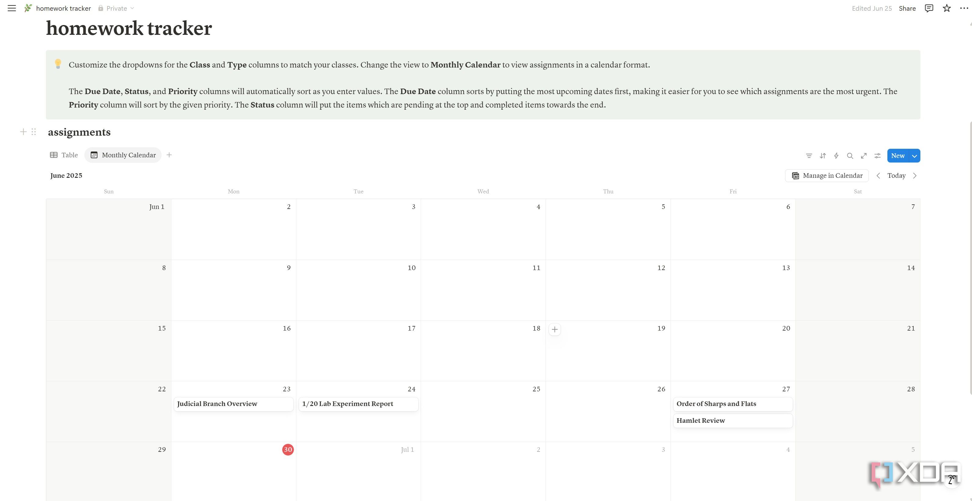 Calendar view on Homework Tracker Notion template