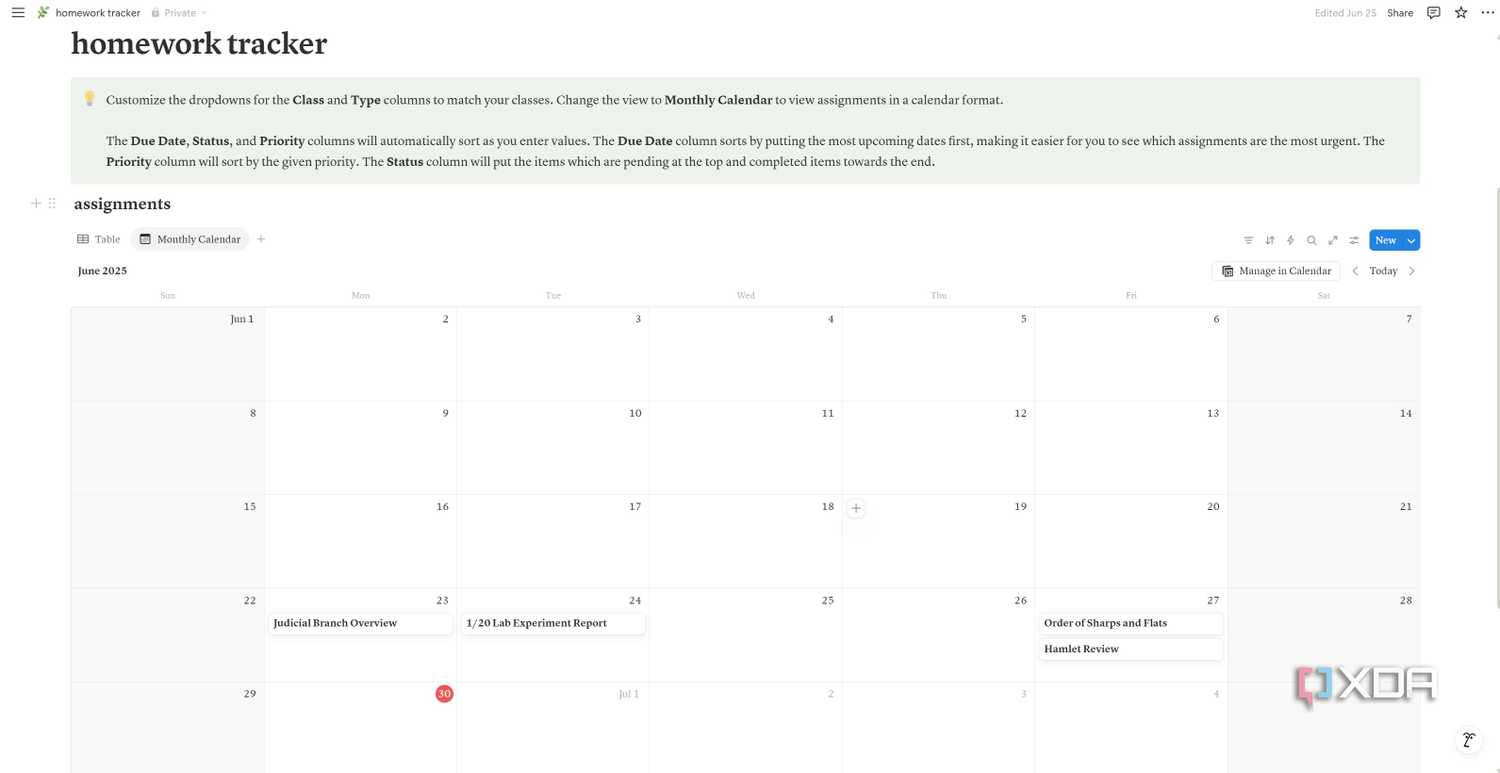 Calendar view on Homework Tracker Notion template