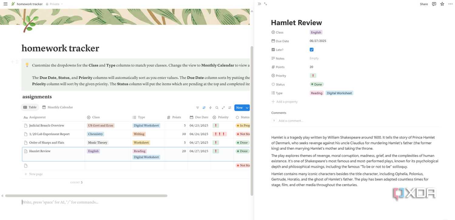 Notes block on homework tracker Notion template