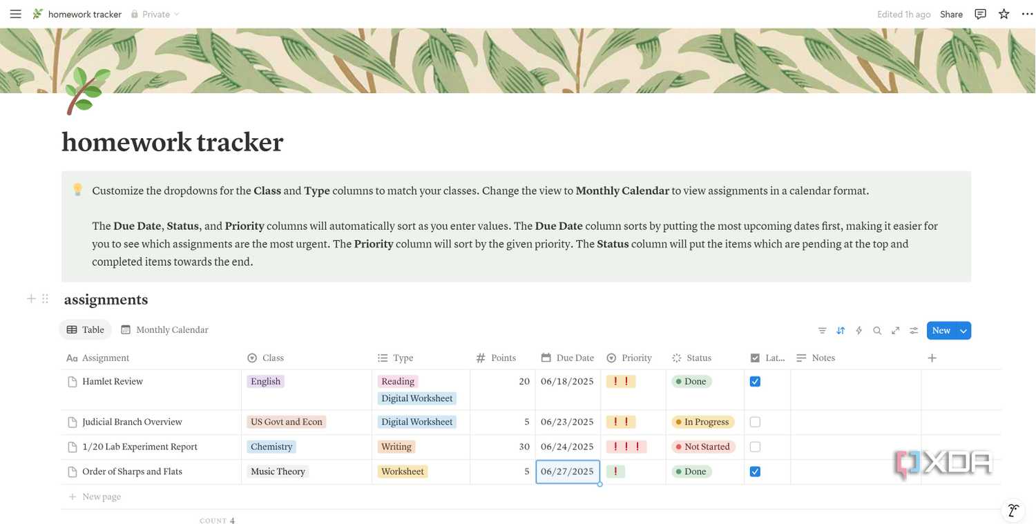 Homework Tracker Notion template