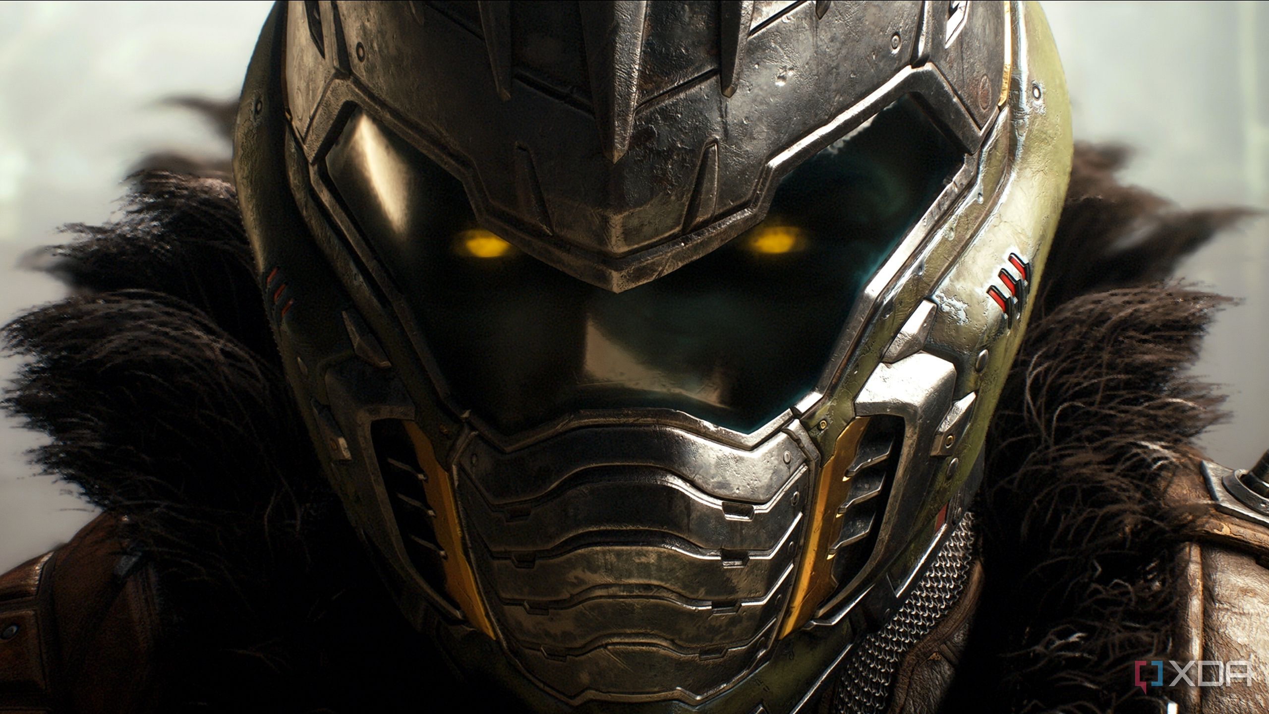 A close-up of the Doom Slayer's helmet and glowing eyes in Doom: The Dark Ages.