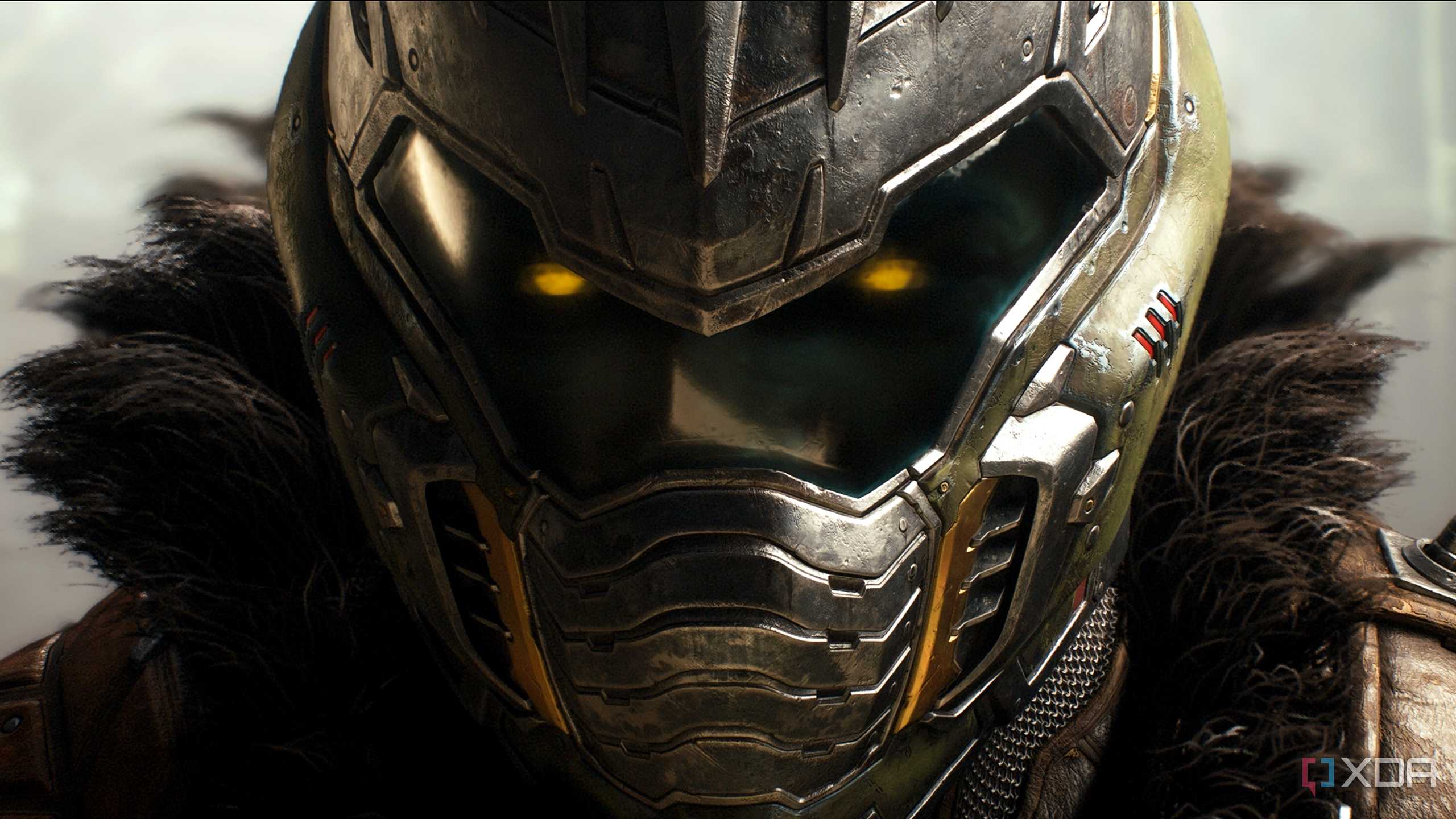 A close-up of the Doom Slayer's helmet and glowing eyes in Doom: The Dark Ages.