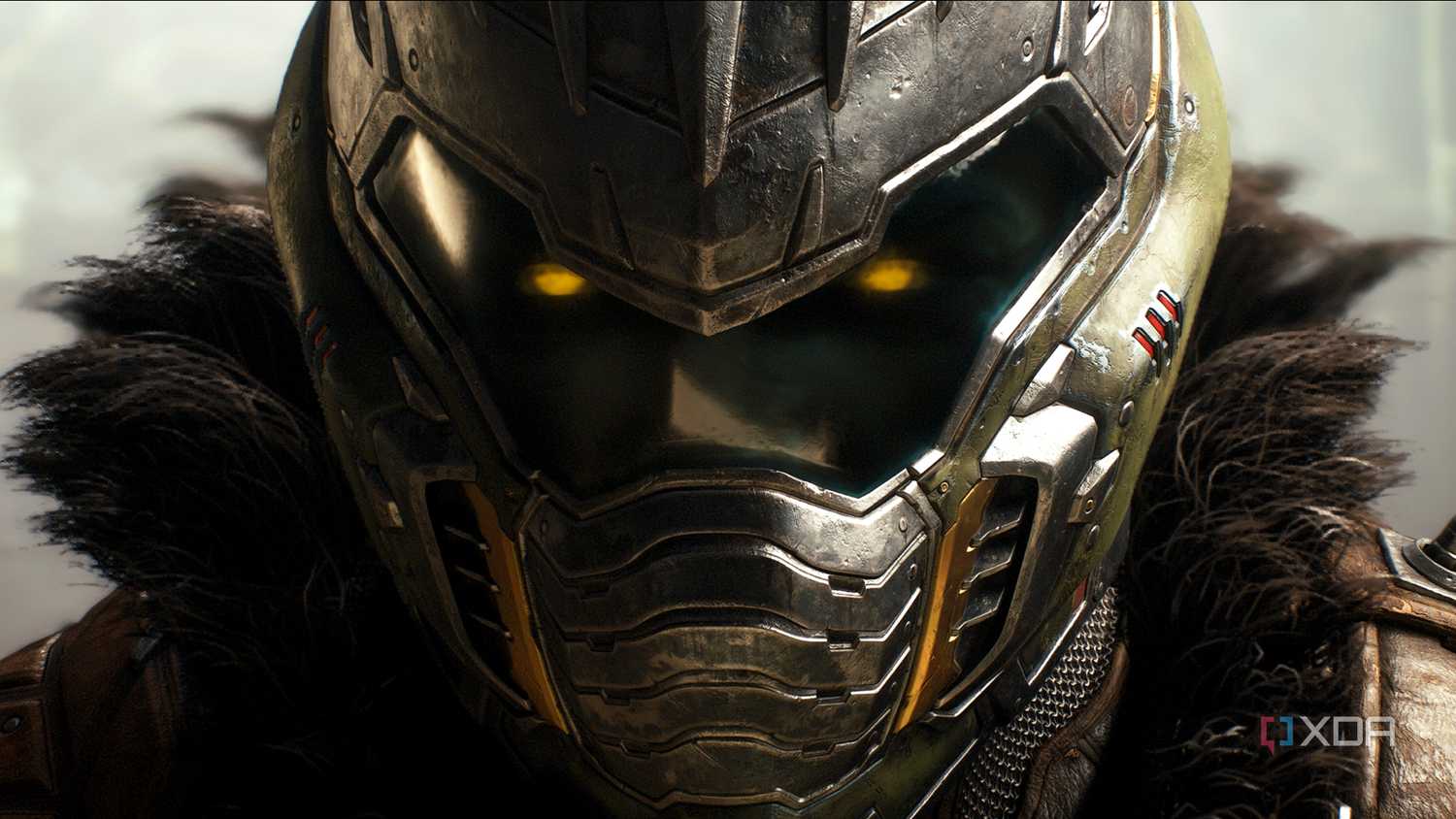 A close-up of the Doom Slayer's helmet and glowing eyes in Doom: The Dark Ages.