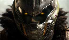 A close-up of the Doom Slayer's helmet and glowing eyes in Doom: The Dark Ages.