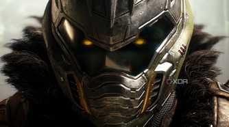 A close-up of the Doom Slayer's helmet and glowing eyes in Doom: The Dark Ages.
