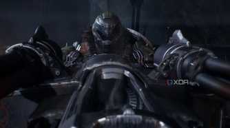 The Doom Slayer operating a turret in chapter 1 of Doom: The Dark Ages.